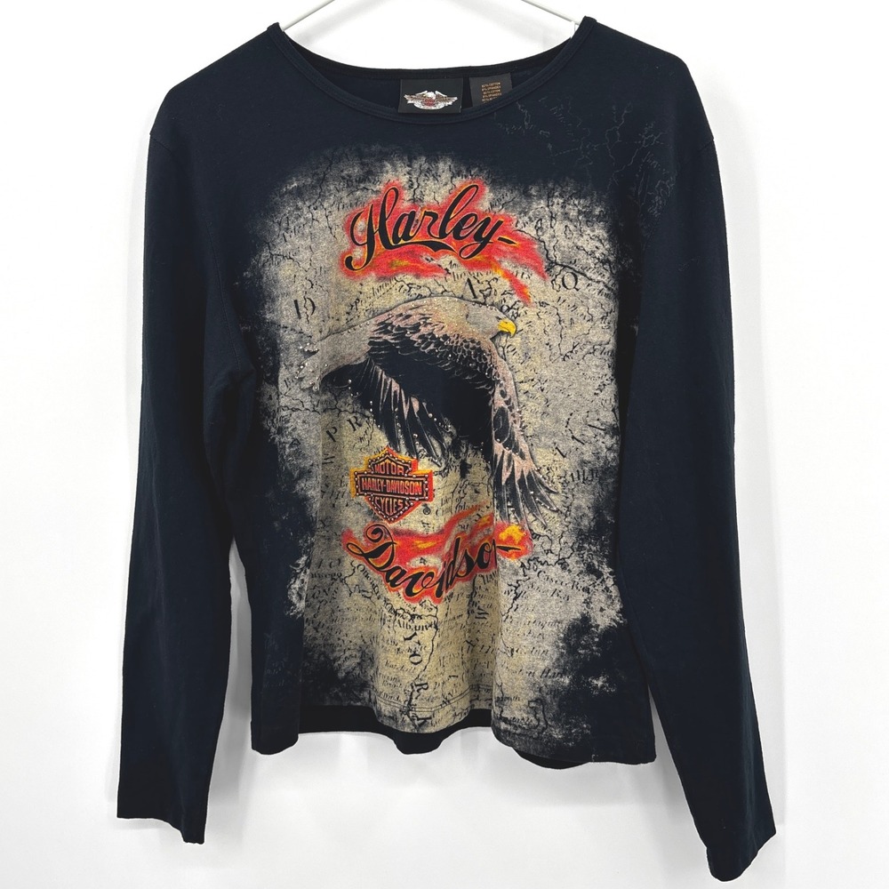 Harley Davidson Womens Long Sleeve Graphic T Shirt Eagle Map Print‎ Black XL